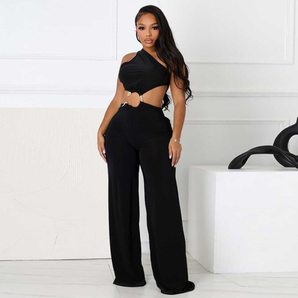 EVE Slant Shoulder Backless Lace-Up Hollow Out Jumpsuit GDSF-J25JP103