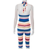 EVE Stripe Print Halterneck Backless Jumpsuit MXBF-J25JP096