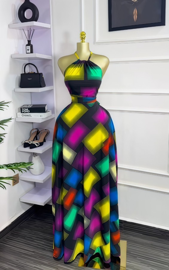 EVE Sleeveless Color Block Print Maxi Dress GXIN-8847