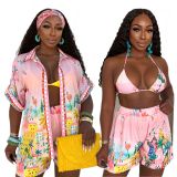 EVE Casual Printed Wrap Chest Shirt Shorts Three Piece Set GDIM-2527
