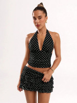EVE Polka Dot Print Halterneck Vest Skirt Set SHD-9794
