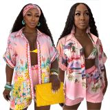 EVE Casual Printed Wrap Chest Shirt Shorts Three Piece Set GDIM-2527