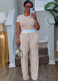 EVE Rib Contrast Color Short Sleeve Pants Suit QYMF-3152