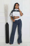 EVE Denim Patchwork Color Zipper Top Wide Leg Pants Set QYMF-3074