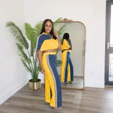 EVE Denim Patchwork Color Zipper Top Wide Leg Pants Set QYMF-3074