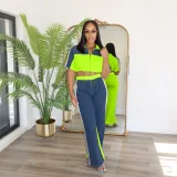 EVE Denim Patchwork Color Zipper Top Wide Leg Pants Set QYMF-3074