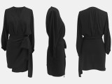 EVE Solid Color Pleated V Neck Mini Dress QYMF-3058