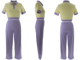 EVE Color Block Short Sleeve Top Pants Suit QYMF-3148