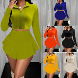 EVE Solid Color Zipper Ruffles Two Piece Skirts Set QYMF-3086