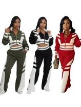 EVE High Collar Zipper Patchwork Two Piece Pants Set QYMF-3066