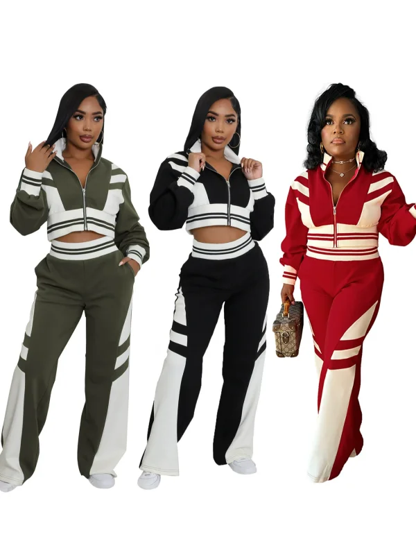 EVE High Collar Zipper Patchwork Two Piece Pants Set QYMF-3066