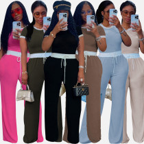 EVE Rib Contrast Color Short Sleeve Pants Suit QYMF-3152