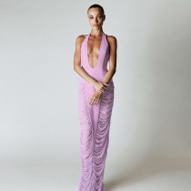 EVE Deep V Neck Halterneck Mesh Pleated Maxi Dress GSLF-K25D70984