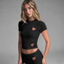 EVE Love Hollow Out Solid Color Two Piece Shorts Set GSLF-K25S69015