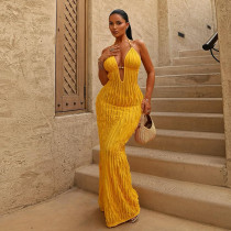 EVE Pleated Halterneck Deep V Neck Maxi Dress GSLF-K25D71887