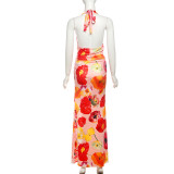 EVE Halterneck Print Backless Split Long Skirt Suit GSLF-K25S73034