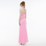 EVE Solid Color Halterneck Tie Up Split Maxi Dress GSLF-K24D64466