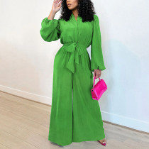 EVE Lantern Sleeve Solid Tie Up Wide Leg Jumpsuit YF-20051