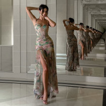 EVE Sexy Print Sling Slim Split Maxi Dress GSLF-K25D67615