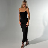 EVE Solid Color Hot Drill Sling Maxi Dress GNZD-041714DBG