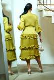 EVE Pleated Bubble Sleeve Solid Color Midi Dress GZRF-KH-0009