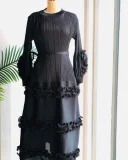 EVE Pleated Bubble Sleeve Solid Color Midi Dress GZRF-KH-0009