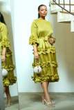 EVE Pleated Bubble Sleeve Solid Color Midi Dress GZRF-KH-0009