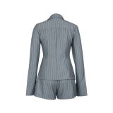 EVE Stripe Lapel Short Sleeve Tie Two Piece Shorts Set AIL-324