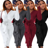 EVE Long Sleeve V Neck Pleated Midi Dress HNIF-3211