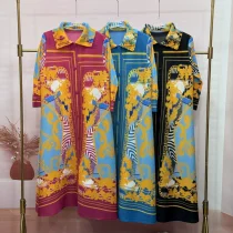 EVE Loose Lapel Vintage Print Long Dress GZRF-KH-0092