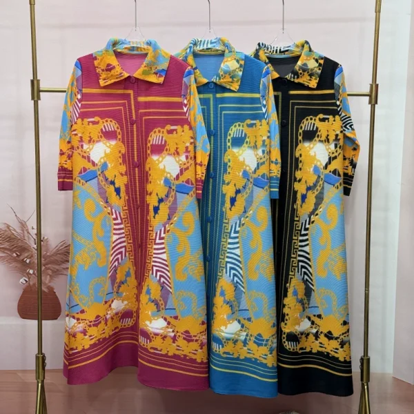EVE Loose Lapel Vintage Print Long Dress GZRF-KH-0092