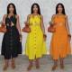 EVE Plus Size Solid Color Twisted Neck Tie Midi Dress NY-11088