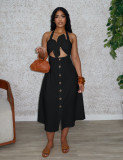 EVE Plus Size Solid Color Twisted Neck Tie Midi Dress NY-11088