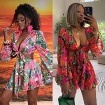 EVE Floral Deep V Flared Sleeve Tie Up Mini Dress QODY-6035