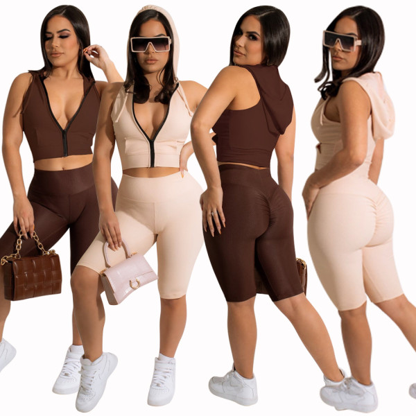 EVE Sleeveless Zipper Hooded Two Piece Shorts Set LSD-82066