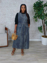 EVE Plus Size Casual Denim Loose Vintage Vest Long Dress GYLN-3368