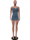 EVE Denim Washed Blue Diamond Halter Mini Dress OD-8745