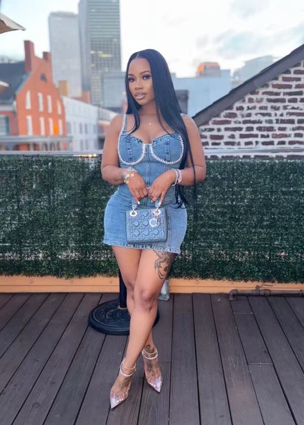 EVE Denim Washed Blue Diamond Halter Mini Dress OD-8745