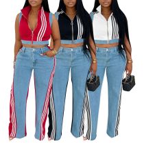 EVE Sleeveless Patchwork Stripe Denim 2 Piece Pants Set AIL-322