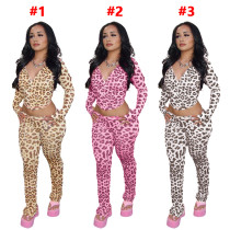 EVE Leopard Print Zipper Hooded Two Piece Pants Set SHD-9718