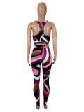 EVE Comtrast Color Print Tank Tops Two Piece Pant Set SHD-9739