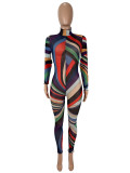 EVE Colorful Print Long Sleeve Mesh Jumpsuit SHD-9732