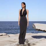 EVE Halterneck Solid Color Backless Maxi Dress GAXB-D104DS