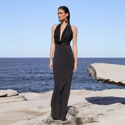 EVE Halterneck Solid Color Backless Maxi Dress GAXB-D104DS