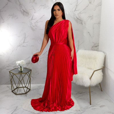 EVE Single Shoulder Press Pleated Maxi Dress YF-20020