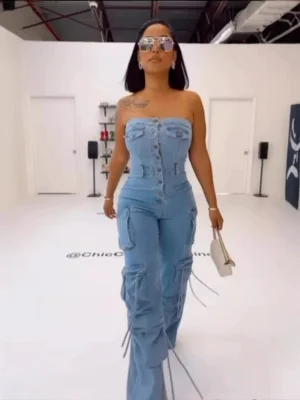 EVE Fashion Denim Wrap Chest Slim Jumpsuit GMYU-9825