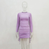 EVE Solid Color Long Sleeve Drawstring Mini Dress JHYB-9077