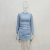 EVE Solid Color Long Sleeve Drawstring Mini Dress JHYB-9077