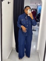 EVE Long Sleeve Lapel Denim Two Piece Pants Set GMYU-6570