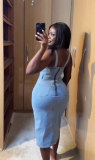 EVE Sexy Backless Irregular Denim Midi Dress GMYU-6596